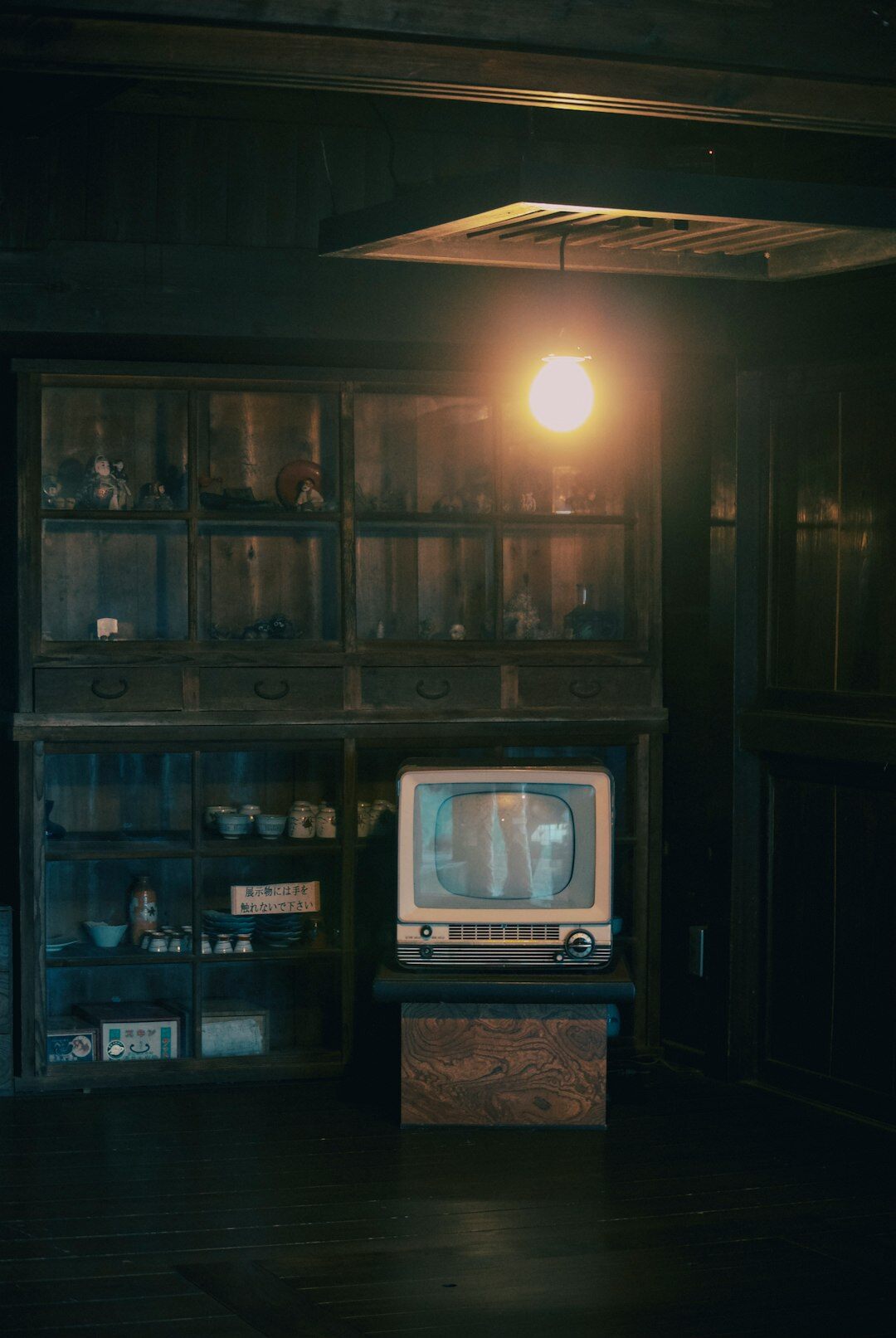 Empty vintage television studio set with warm stage lights