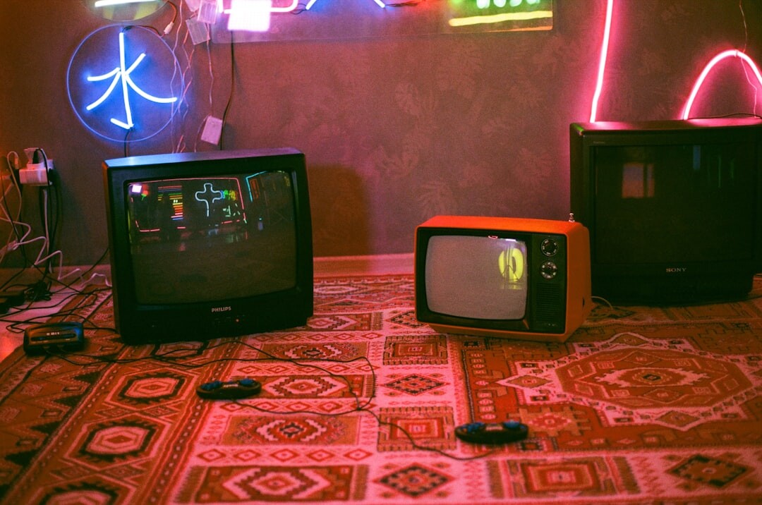 Colourful vintage television game show set with bright lights
